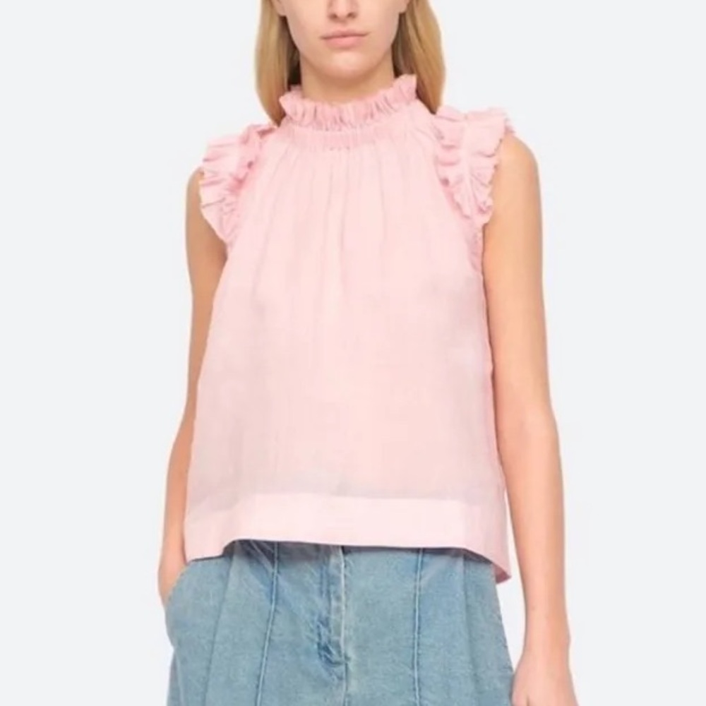 SEA New York Lucy Pink Ramie Ruffle-Neck Cottagecore Sleeveless Top